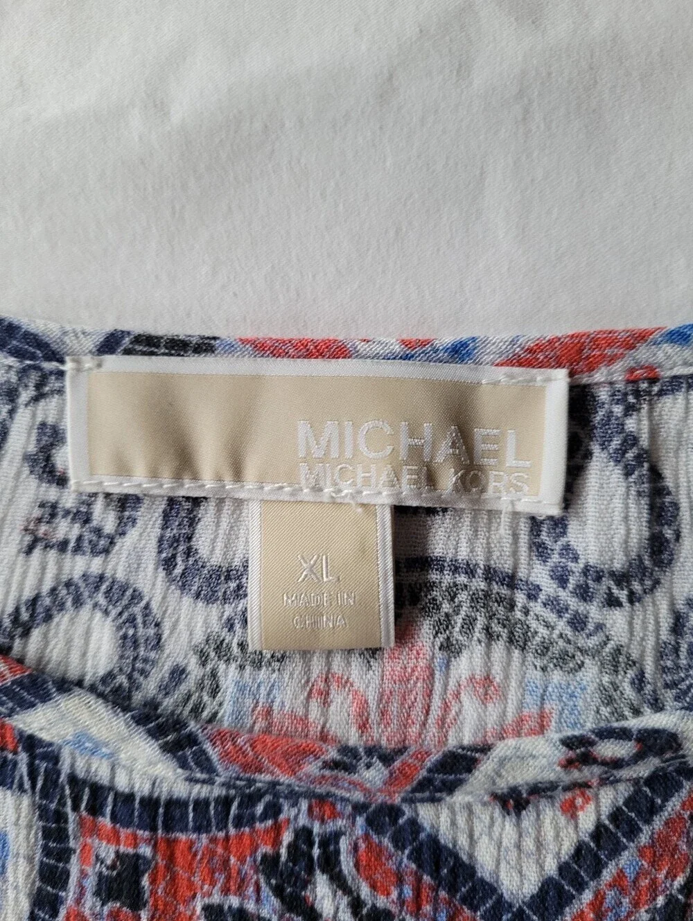 Michael Kort Printed Short Sleeve Smocked Waist Top - Blue/Pink Size XL